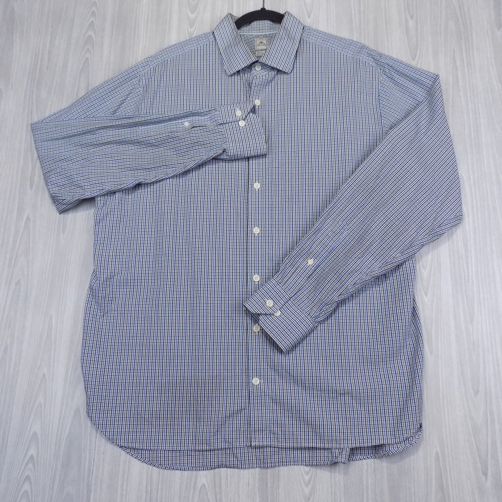 Peter Millar Nanoluxe Shirt Mens 17.5 Blue Brown Check Extra Long Button-Down - Picture 2 of 9